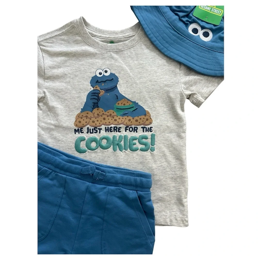 Sesame Street Cookie Monster Tee and Blue Shorts with Hat Boys Size 2T